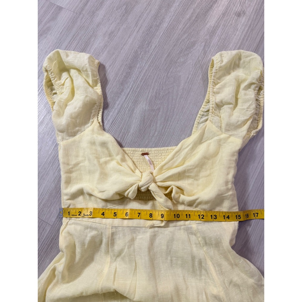 Free People Oasis Midi Dress Yellow Cotton Blend Tie Front Puff Sleeve Medium - Picture 5 of 13